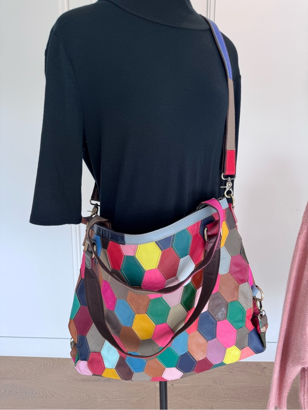 Amerileather Multicolor Patchwork Genuine Leather Hobo Shoulder Bag Boho Large - Picture 2 of 6